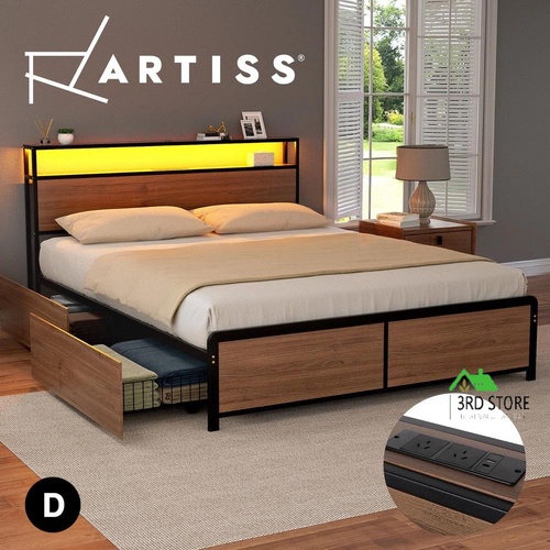 Artiss Metal Bed Frame Double Size with 2-Tier Storage Headboard Metal Platform with 4 Storage Drawers Built in Charging Station & LED Noise-Free/Meta