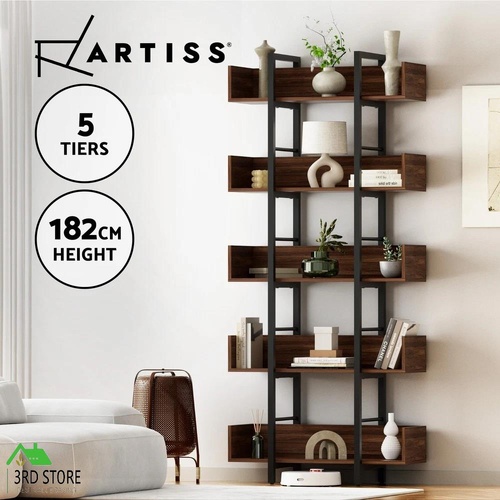 Artiss Bookshelf 5-Tier Bookcase Display Shelves Metal Storage Stand Rack Walnut