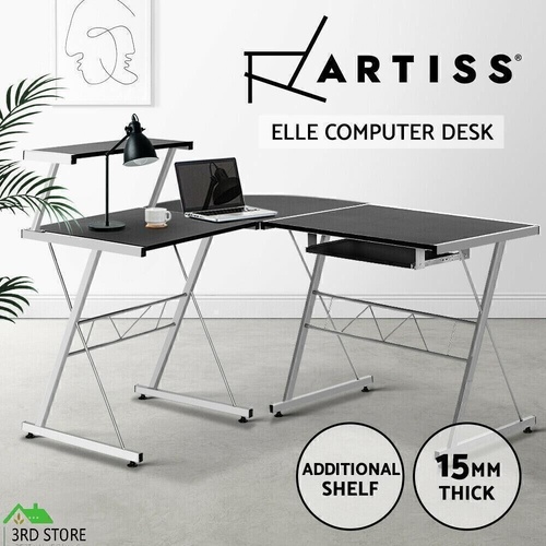 Artiss Office Computer Desk Corner Table Metal Keyboard Tray Top Shelf Black
