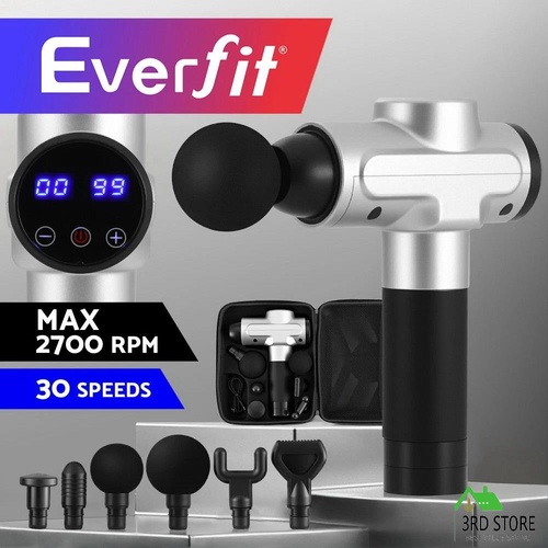 Everfit Massage Gun 30 Speed 6 Heads Vibration Muscle Massager Chargeable Silver