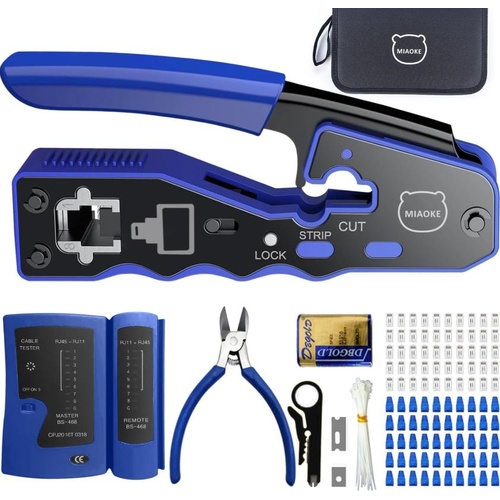 11-In-1 Crimping Tool Kit, RJ45 Pass-Thru Crimping, 50 CAT6 Pass-Thru Connectors