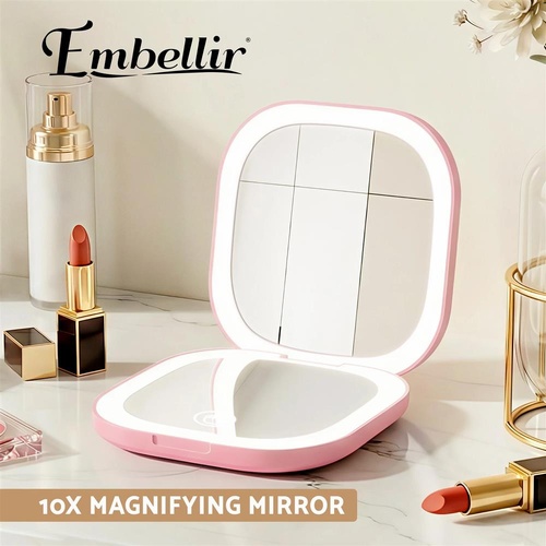 Embellir LED Compact Mirror Pocket-Sized 1x 10x Magnification Square Pink