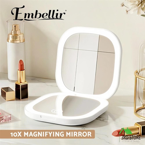 Embellir LED Compact Mirror Lighted Travel Makeup Mirror Pocket-Sized 1x 10x Magnification Square White