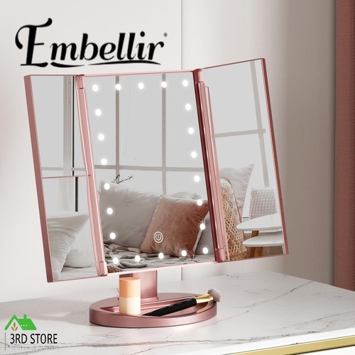 Embellir Tri-fold Makeup Mirror 1X2X3X Magnifying with LED Light Travel Portable Pink