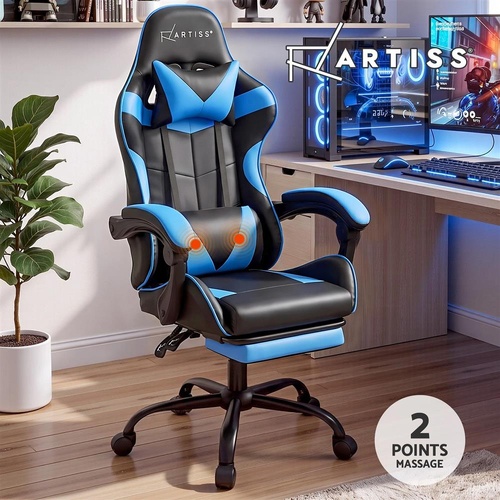 Artiss Massage Gaming Chair 2 Point Office Chairs Leather Footrest Cyan Blue