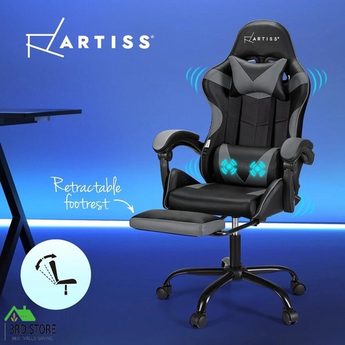 Artiss Massage Gaming Chair 2 Point Office Chairs Leather Recline Footrest Grey