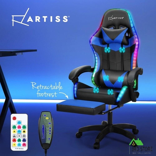 Artiss 6 Point Massage Gaming Office Chair 7 LED Footrest Blue