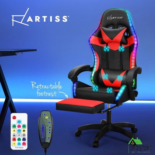 Artiss 6 Point Massage Gaming Office Chair 7 LED Footrest Red