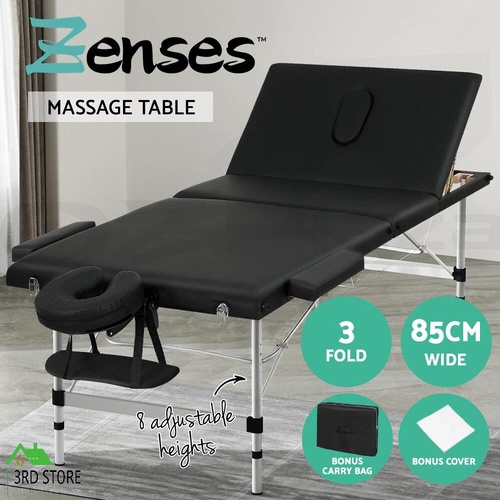 Zenses Massage Table 65CM Width 3 Fold Aluminium Portable Beauty Bed Black