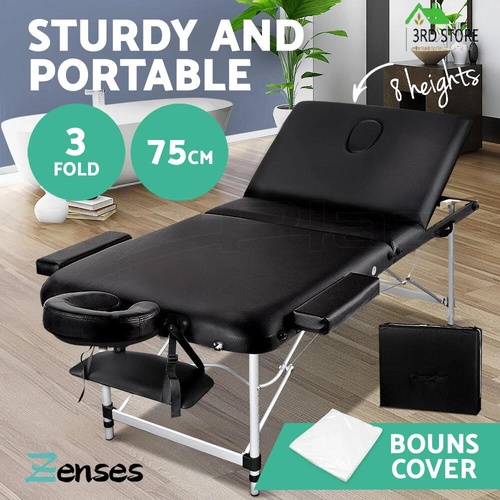 Zenses Massage Table 75CM Portable 3 Fold Aluminium Therapy Beauty Bed Waxing