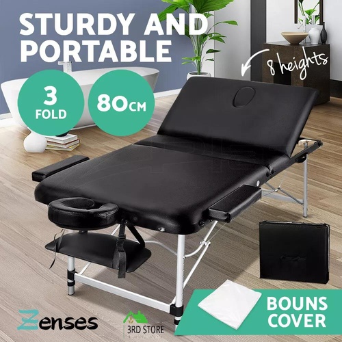 Zenses Massage Table 80CM Portable Aluminium 3 Fold Black Beauty Therapy