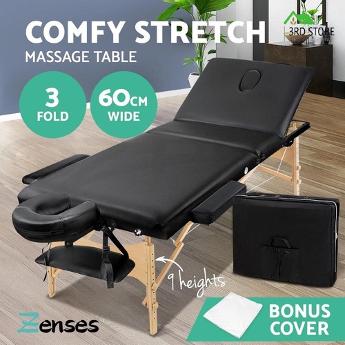 Zenses Massage Table Wooden Portable 3 Fold Beauty Therapy Bed Waxing 60CM BLACK