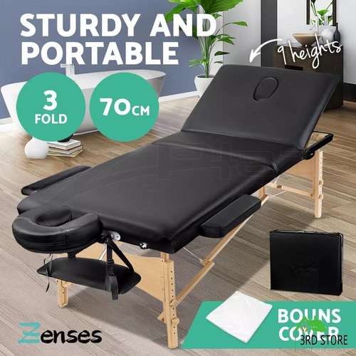 Zenses Massage Table Wooden Portable 3 Fold Beauty Therapy Bed Waxing 70CM BLACK