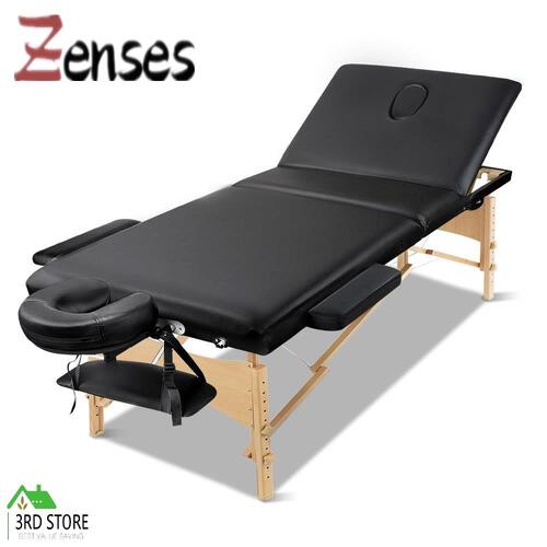Zenses Massage Table Wooden Portable 3 Fold Beauty Therapy Bed Waxing 70CM BLACK