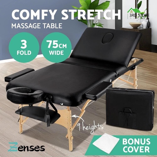 RETURNs Zenses Massage Table Wooden Portable 3 Fold Beauty Therapy Bed Waxing 75CM BLACK