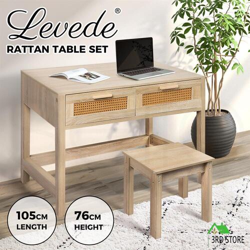 Levede Table Set Rattan Wood Dressing Table Bedroom Desk Stool Home Office Desks