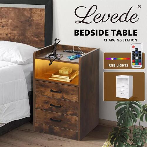 Levede Bedside Table RGB LED Nightstand USB Charge Side Table 3 Drawers Cabinet