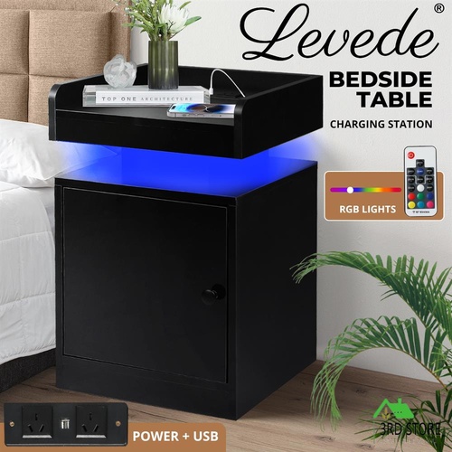 Levede Nightstand RGB LED Bedside Table USB Charge Side Table Drawer Cabinet