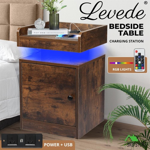 Levede Nightstand RGB LED Bedside Table USB Charge Side Table Drawer Cabinet