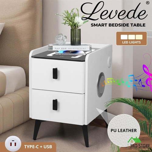 RETURNs Levede Smart Bedside Table Wireless Charging LED Lights 2 Drawers Storage