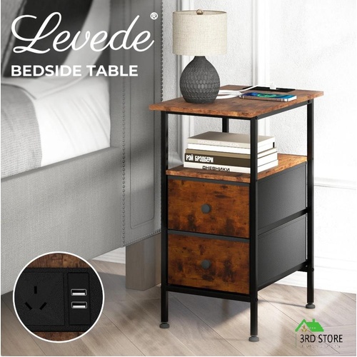 Levede Bedside Table Side Table Storage Cabinet USB Charge Table 2 Drawers Brown