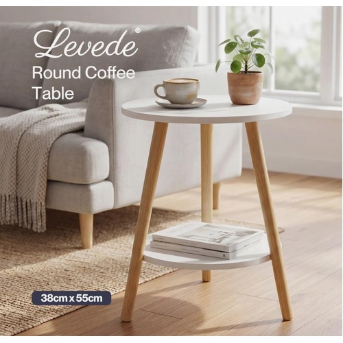 Levede Round Side Table Coffee Table with Storage Shelf Living Room White
