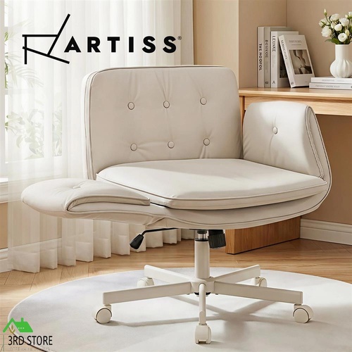 Artiss Criss Cross Legged Office Chair PU with Wheels Adjustable Armrests Beige