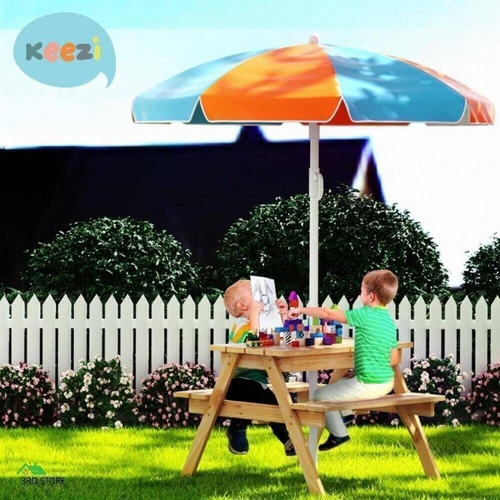 Keezi Kids Outdoor Table and Chairs Picnic Bench Set Umbrella Water Sand Pit Box