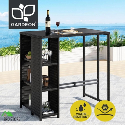 Gardeon Outdoor Bar Table Wicker Dining Glass Desk Steel Patio Black