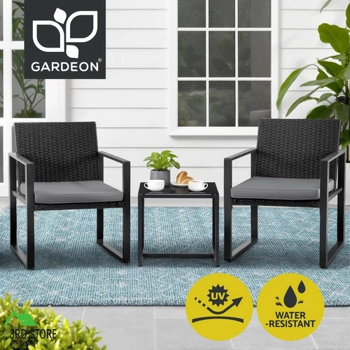 Gardeon 3PC Outdoor Bistro Set Patio Furniture Wicker Dining Chairs Table Cushion Black
