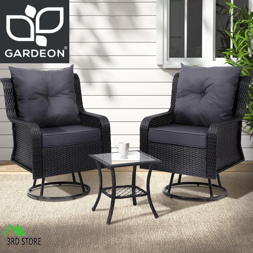 Gardeon Outdoor Chairs Patio Furniture Lounge Setting 3 Pcs Wicker Swivel Chair Table Bistro Set