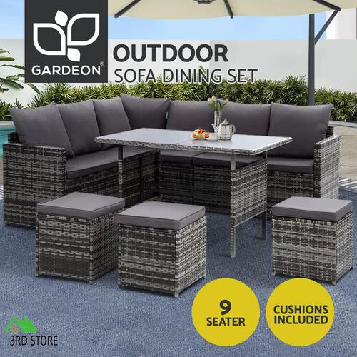 Gardeon Outdoor Dining Set Sofa Lounge Setting Chairs Table Ottoman Lawn Grey