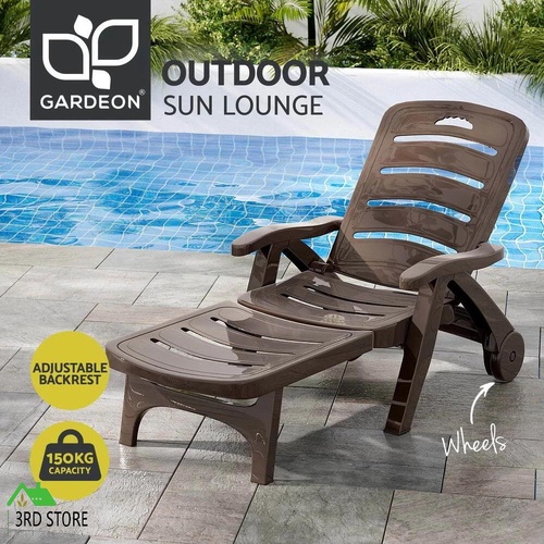 Gardeon Sun Lounger Folding Lounge Chair Wheels Patio Outdoor Furniture Brown