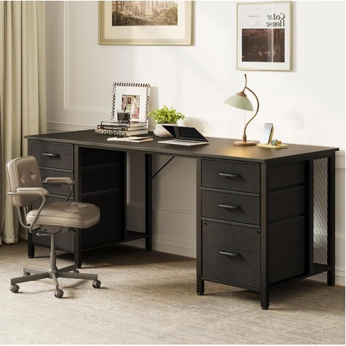 ODK 160cm Computer Desk with 2 File Cabinets and 4 Fabric Drawers Home Office BK