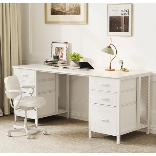 ODK 160cm Computer Desk with 2 File Cabinets and 4 Fabric Drawers Home Office WH