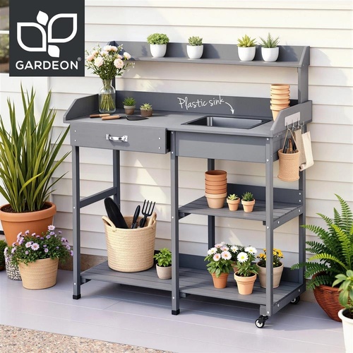 Gardeon Outdoor Potting Bench Table Storage Cabinet Potters Garden Workstation Grey