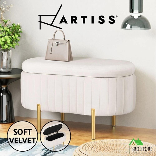 Artiss Storage Ottoman Blanket Box 87cm Velvet Oval White
