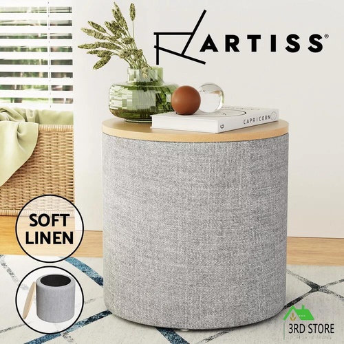 Artiss Storage Ottoman Blanket Box 40cm Foot Stool Coffee Table Linen Round Grey