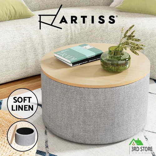 Artiss Storage Ottoman Blanket Box 60cm Foot Stool Coffee Table Linen Round Grey