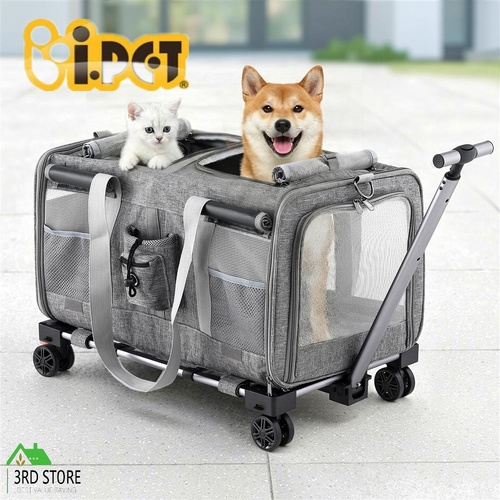 i.Pet Pet Carrier Swivel Wheels Foldable Cat Dog Trolley Stroller Travel Bag Grey
