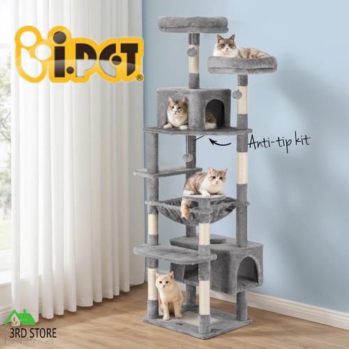i.Pet Cat Tree 184cm Tower Scratching Post Trees Scratcher Condo House Light Grey