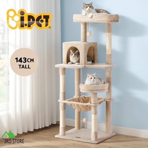 i.Pet Cat Tree 143cm Tower Scratching Post Trees Scratcher Condo House Beige