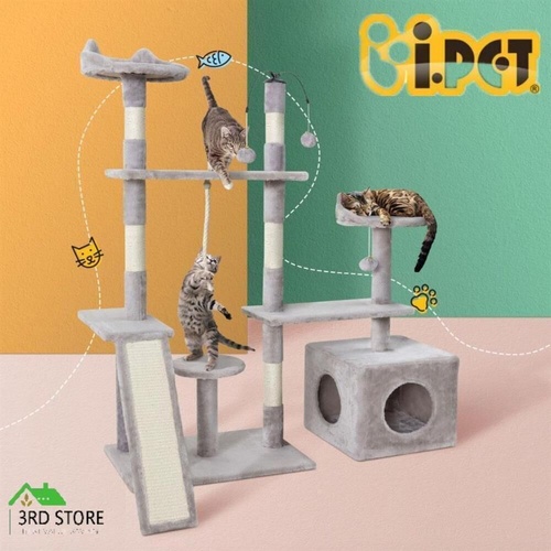 i.Pet Cat Tree Scratching Post Scratcher Tower Condo House Grey 135cm