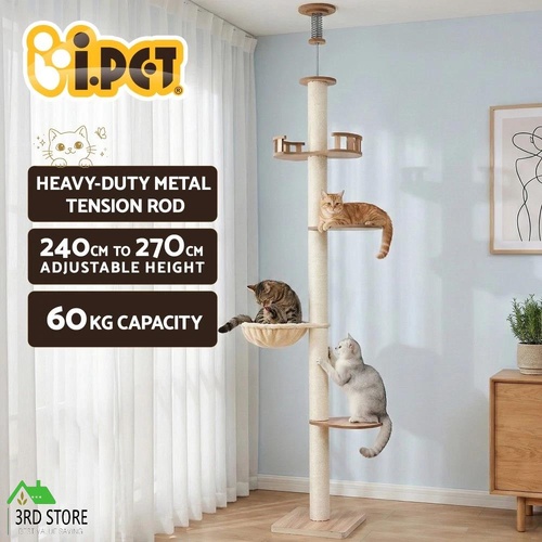 i.Pet Cat Tree Tower Floor to Ceiling Scratching Post 270cm Beige
