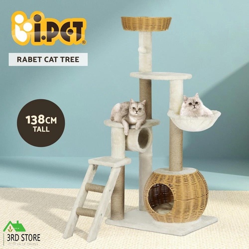 i.Pet Cat Tree Tower Scratching Post Wood Bed Condo House Rattan Ladder 138cm