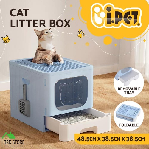 i.Pet Cat Litter Box Large Tray Kitty Toilet Enclosed Hooded Foldable Scoop Blue