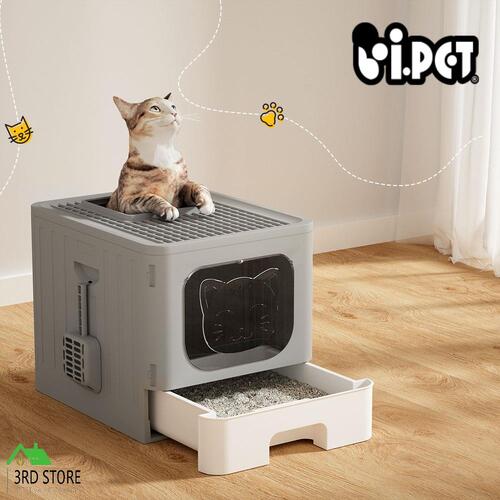 i.Pet Cat Litter Box Large Tray Kitty Toilet Enclosed Hooded Foldable Scoop Grey