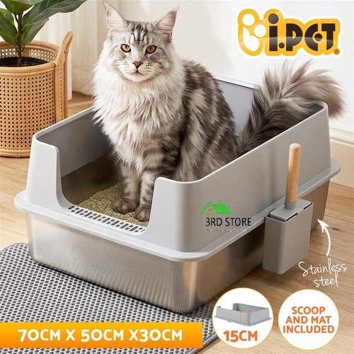 i.Pet XXL Cat Litter Box Stainless Steel Jumbo Semi-Enclosed Pet Kitty Toilet Grey