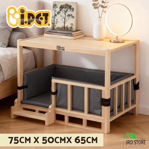 i.Pet 2in1 Dog Kennel Crate Furniture Grey Bedding Wooden House Indoor