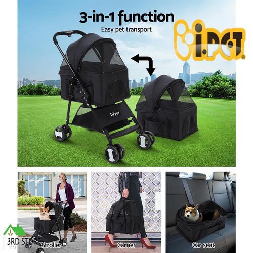 i.Pet Pet Stroller Dog Cat Cage Carrier Travel Pushchair Foldable Pram 3 IN 1
